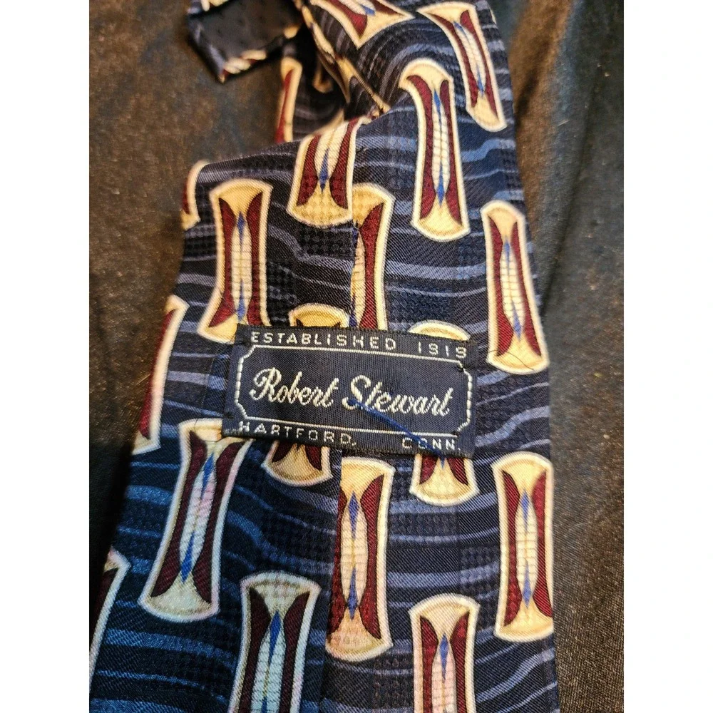 Mens Silk Necktie Blue Burgundy Geometric Hourglass Pattern Formal Business‎ Tie